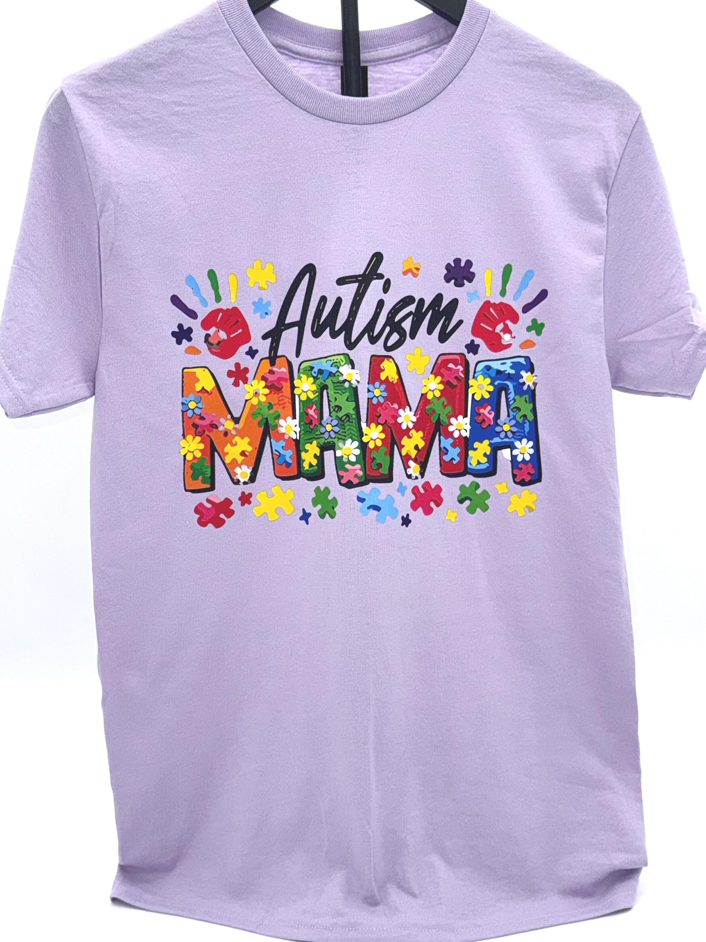 Autism Mama T-Shirt: Puzzle Pieces, Handprints, Floral Design