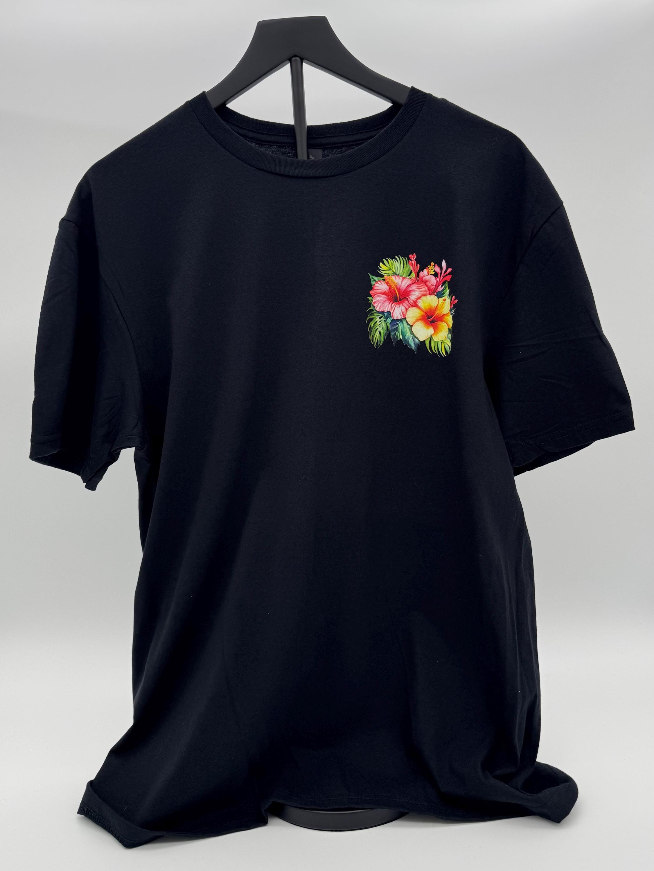 Black T-Shirt with Tropical Palms and Hibiscus Print