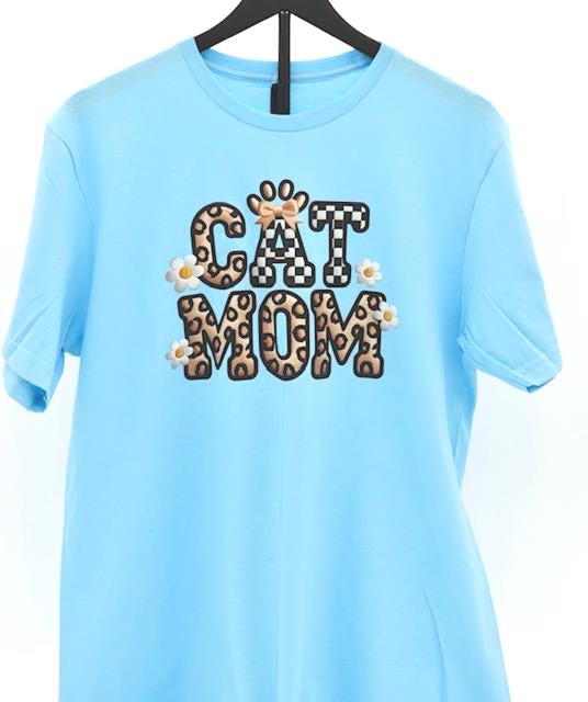 Cat Mom Shirt, Leopard Print, Checkerboard, Floral Accents, Feline Lover Tee