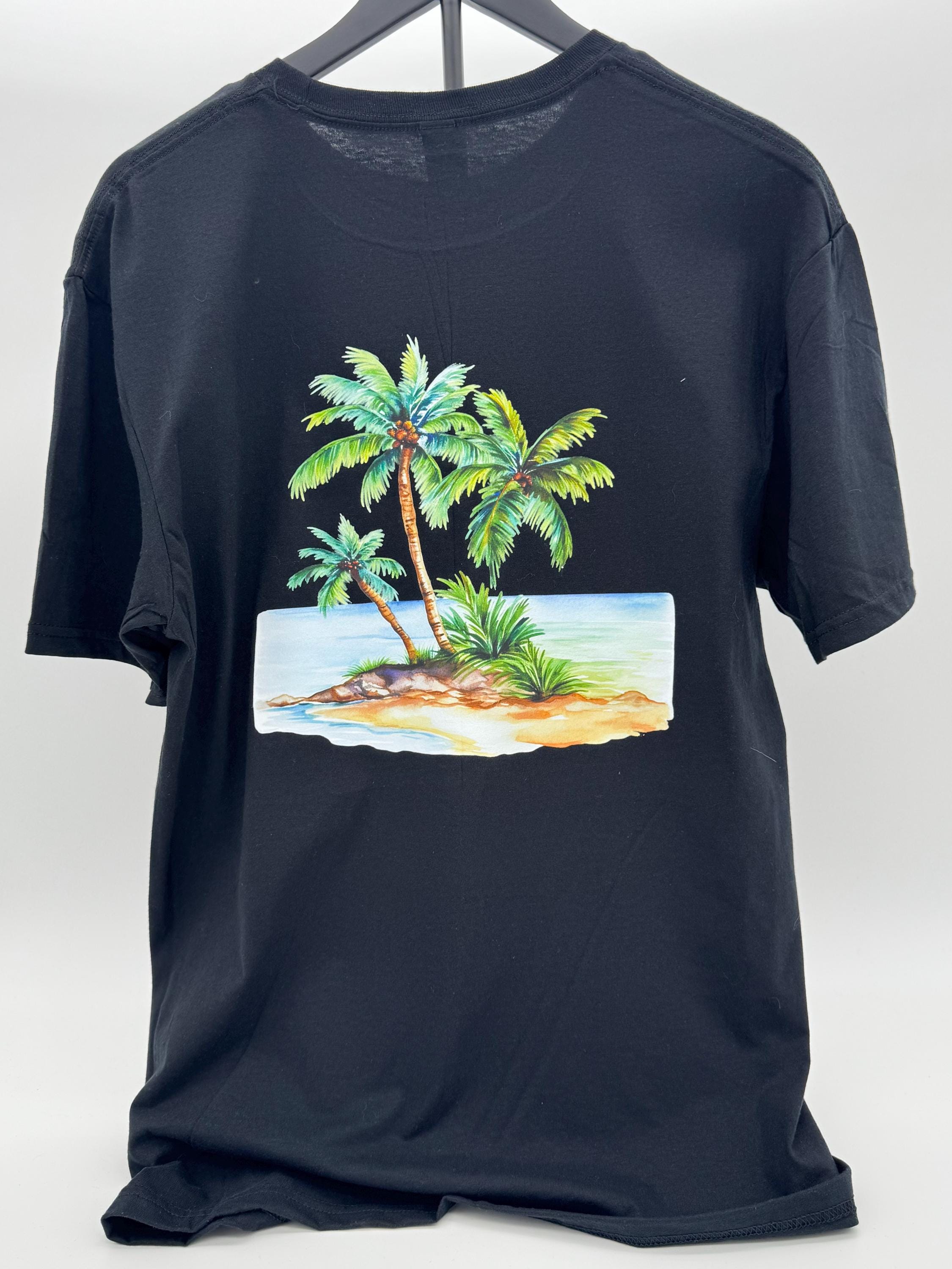 Black T-Shirt with Tropical Palms and Hibiscus Print